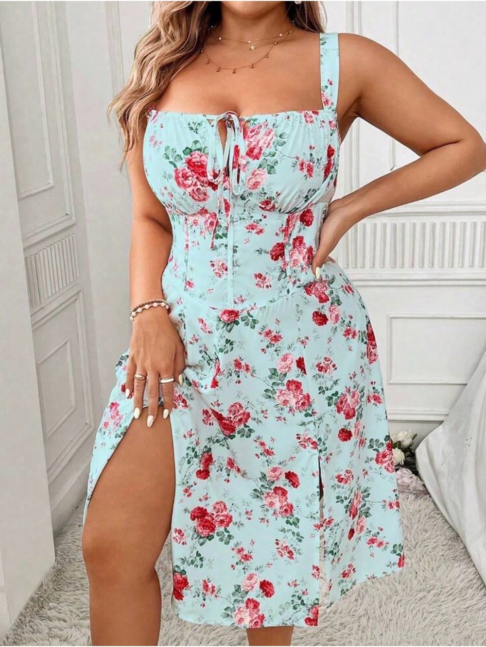 SHEIN Light Blue Floral Tie-Front Midi Dress
